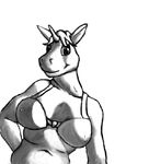  black_and_white bottomless bra breasts celestia_(felixspeagel) chubby cleavage clothed clothing equine felixspeagel female greyscale hair head_tuft hooved_fingers horn looking_at_viewer mammal monochrome navel plain_background short_hair smile solo standing toony turning underwear unfinished unicorn white_background 