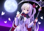  1girl absurdres ahoge akizuki_kanna black_cape black_shirt bow bowtie breasts bug butterfly butterfly_on_hand cafe_stella_to_shinigami_no_chou cape closed_mouth commentary_request cowboy_shot crossed_bangs dutch_angle eyes_visible_through_hair full_moon glowing_butterfly hair_between_eyes hair_ribbon hands_up highres holding holding_scythe jacket large_breasts light_particles long_hair long_sleeves looking_at_animal moon night one_side_up outdoors red_bow red_bowtie red_cape red_eyes red_ribbon ribbon scythe shinigami shirt sidelighting skirt smile solo suit_jacket two-sided_cape two-sided_fabric very_long_hair white_butterfly white_hair white_jacket white_skirt yuku0307 