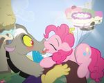  antler antlers balloon blush cake cutie_mark discord_(mlp) draconequus duo equine eyes_closed female feral food french_kissing friendship_is_magic fur hair horn horse kissing male mammal my_little_pony outside pink_fur pink_hair pinkie_pie_(mlp) pony red_eyes straight surgicalarts tongue wings 