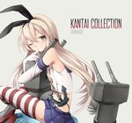  anchor bad_id bad_pixiv_id blonde_hair character_name copyright_name elbow_gloves gloves grey_eyes hairband hug kantai_collection long_hair one_eye_closed rensouhou-chan shimakaze_(kantai_collection) sitting skirt smile striped striped_legwear thighhighs veryberry00 