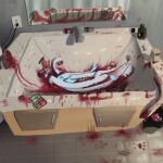  absurd_res bandage bathroom bathroom_floor bathroom_sink bathroom_tiles bathroom_wall blood bodily_fluids curtains curtains_closed dismemberment drain drugs eeveelution footprint generation_6_pokemon gore gore_focus hi_res medication mirror mirror_reflection nintendo pawprint pokemon pokemon_(species) poofythedragon reflection ribbons_(anatomy) severed_body_part severed_limb sylveon toilet tourniquet trash trash_can 