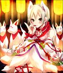  :3 animal_ears anko_(nanzo) bad_id bad_pixiv_id blush detached_sleeves earrings fox fox_ears fox_mask fox_shadow_puppet fox_tail green_eyes idolmaster idolmaster_cinderella_girls japanese_clothes jewelry lantern mask shiomi_shuuko silver_hair sitting smile solo statue tail wide_sleeves 