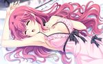  1girl ankoromochi bed bow breasts cleavage eyes_closed game_cg ichijouji_yura lingerie long_hair negligee peassoft pink_hair shitsuji_ga_aruji_wo_erabu_toki underwear 