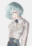  1girl absurdres aozora_ni_negau_your_happiness!_(project_sekai) aqua_eyes aqua_hair arm_cutout blue_corset blue_flower blue_pants blue_rose breasts buttons center_frills clothing_cutout collared_shirt commentary corset cowboy_shot cutout_eyelashes eyelashes flower frilled_shirt frilled_shirt_collar frills futari_tsukiusagi_(project_sekai) glasses gold_trim hair_between_eyes highres hinomori_shizuku korean_commentary lips long_sleeves medium_breasts mole mole_under_mouth monocle official_alternate_costume official_alternate_hairstyle pants parted_lips project_sekai rose shiny_lips shirt short_hair simple_background solo swept_bangs upper_body white_background white_shirt zeoksang 