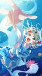  1girl air_bubble akira_hjk alternate_costume arm_up armpits bare_shoulders bent_over blue_eyes blue_thighhighs blush bow bracelet breasts brown_hair bubble commentary_request coral coral_reef crop_top crown detached_sleeves dot_nose dress earrings facing_viewer frills gem grey_hair hair_ornament head_tilt heart highres jewelry koi_ni_naritai_aquarium looking_at_viewer love_live! love_live!_sunshine!! midriff navel official_alternate_costume open_mouth pearl_(gemstone) pearl_bracelet reaching reaching_towards_viewer ribbon short_hair skirt smile solo stomach striped_clothes sun sunlight teeth thighhighs tiara underwater upper_teeth_only watanabe_you water wavy_hair white_thighhighs 