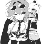  2girls arm_warmers bare_shoulders bra breasts chinese_commentary choker collar collarbone commentary_request commission cowboy_shot eyewear_on_head greyscale hair_between_eyes hair_intakes hand_up highres looking_at_viewer matching_outfits micro_shorts mihuashi_commission monochrome multiple_girls necktie original paw_print paw_print_pattern portrait print_necktie rubbing_eyes short_hair shorts simple_background small_breasts spiked_collar spikes sunglasses tan thighhighs underbust underwear zidong_pingguo 