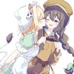  2girls :d animal_ears apron arms_behind_back bandage_on_face bandages belt black_hair blonde_hair blush bow bowtie braid breast_pocket breasts brown_belt brown_bow brown_bowtie brown_hat brown_shirt coif commentary_request couple cow_ears cow_girl cow_horns cow_tail double-parted_bangs dress frilled_apron frilled_sleeves frills green_bow green_dress hair_between_eyes hair_bow hands_up happy hat highres horns kiss kissing_cheek long_hair long_sleeves low-braided_long_hair low-tied_long_hair maid_apron maid_headdress multiple_girls one_eye_closed open_mouth original pocket profile reinoni shirt short_sleeves simple_background single_braid smile tail traditional_bowtie very_long_hair white_apron white_background white_hat wing_collar yellow_eyes yuri 