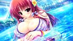  ball beachball bikini breasts cleavage dutch_angle flower hair_flower hair_ornament huge_breasts imageboard_sample long_hair pool prism_recollection! red_eyes red_hair renjou_sayaka shintarou solo swimsuit water 