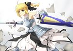  ahoge armor armored_dress artoria_pendragon_(all) avalon_(fate/stay_night) bare_shoulders blonde_hair bow caliburn detached_sleeves dress ello fate/stay_night fate/unlimited_codes fate_(series) gauntlets green_eyes hair_bow ponytail saber saber_lily sheath solo sword weapon 