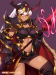  boots cape collar collarbone copyright_name dark_skin gauntlets helmet heterochromia junketsu_duelion midriff navel pauldrons polearm red_eyes skirt solo spear thigh_boots thighhighs translated weapon white_hair yangsion yellow_eyes 