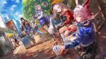  1boy 6+girls animal_ears black_hair black_shirt black_skirt blade_(honkai:_star_rail) blue_jacket blue_skirt blue_sky bubble_tea commentary cup denim disposable_cup drill_hair evanescia_(honkai:_star_rail) firefly_(honkai:_star_rail) fox_ears fox_girl grape_(grapedraws) grey_hair highres holding holding_cup holding_phone honkai:_star_rail honkai_(series) jacket jeans kafka_(honkai:_star_rail) long_hair march_7th_(honkai:_star_rail) multiple_girls outdoors pants pantyhose phone pink_hair red_hood rolling_suitcase selfie shirt short_hair silver_wolf_(honkai:_star_rail) silver_wolf_(lv.999)_(honkai:_star_rail) skirt sky sparkle_(honkai:_star_rail) sparxie_(honkai:_star_rail) stellaron_hunters_(honkai:_star_rail) stelle_(honkai:_star_rail) suitcase torn_clothes torn_pantyhose trailblazer_(honkai:_star_rail) tree twintails very_long_hair white_hair white_jacket 