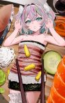  1girl absurdres blue_hair bow breasts cawfy chopsticks cucumber food_on_body frilled_thigh_strap hair_between_eyes hair_bow hair_intakes highres indie_virtual_youtuber iridescent_hair looking_at_viewer lying medium_hair multicolored_hair on_back pink_hair rice small_breasts sushie thigh_strap thighs twintails virtual_youtuber white_bow yuy_(vtuber) 
