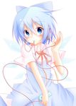 1girl blue_eyes blue_hair cirno digital_media_player dress frown hakobako hand_up headphones ipod ipod_nano looking_at_viewer ribbon short_hair short_sleeves simple_background solo touhou white_background wings 