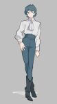  1boy ascot black_boots blue_hair blue_pants boots closed_mouth collared_shirt crossed_legs full_body grey_background gundam hand_on_own_hip high-waist_pants highres kamille_bidan kasumi_(skchkko) long_sleeves looking_to_the_side male_focus pants parted_bangs shirt sideways_glance solo standing watson_cross white_ascot white_shirt zeta_gundam 