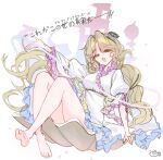  1girl barefoot black_hairband blonde_hair breasts commentary_request dress frilled_dress frilled_sleeves frills hair_ornament hairband highres hysteria long_hair looking_at_viewer medium_breasts open_mouth shell shell_hair_ornament sitting smile soles solo toes touhou translation_request very_long_hair watari_nina white_dress yellow_eyes 