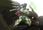 armored_core commentary glowing glowing_eye gun gundam heat_hawk highres holding holding_gun holding_weapon machine_gun mecha mecha_focus middle_finger mobile_suit mobile_suit_gundam no_humans one-eyed red_eyes robot science_fiction shield solo wdy1000 weapon zaku_ii 