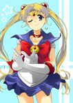  aqua_background bishoujo_senshi_sailor_moon blonde_hair blue_eyes blue_sailor_collar blue_skirt bow bowtie brooch choker doriho double_bun earrings elbow_gloves gloves hair_ornament jewelry long_hair one_eye_closed red_bow red_choker red_neckwear sailor_collar sailor_moon sailor_senshi_uniform simple_background skirt smile solo star tiara tsuki_ni_kawatte_oshioki_yo tsukino_usagi twintails white_gloves 