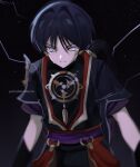  1boy absurdres armor arms_at_sides black_background black_bodysuit black_hair black_kimono black_shorts black_sleeves blunt_ends bodysuit bright_pupils cable choppy_bangs closed_mouth commentary crying crying_with_eyes_open eyeliner genshin_impact glowing glowing_eyes gold grey_eyes hair_intakes highres japanese_armor japanese_clothes juban kimono kote kurokote layered_sleeves looking_at_viewer makeup male_focus mitsudomoe_(shape) o-ring open_clothes open_kimono purple_electricity purple_sash purple_sleeves red_eyeliner red_kimono red_sash sash scaramouche_(genshin_impact) scharamouch9 short_sleeves shorts single_sode solo split_mouth tears tomoe_(symbol) tsurime twitter_username upper_body white_kimono white_pupils 