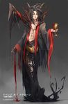  abs artist_name black_hair black_nails black_sclera blood cape copyright_name demon_horns fingernails goblet horns ian_olympia key long_fingernails male_focus nail_polish navel popped_collar revenge_of_dragoon solo watermark white_eyes 