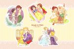  5girls annie_leonhardt armin_arlert atarime beauty_and_the_beast bertolt_hoover black_hair blonde_hair brown_hair cape christa_renz cinderella connie_springer cosplay dress eren_yeager freckles hansel_and_gretel highres mermaid mikasa_ackerman monster_girl multiple_boys multiple_girls parody ponytail reiner_braun sasha_braus shingeki_no_kyojin short_hair snow_white snow_white_(cosplay) snow_white_and_the_seven_dwarfs the_little_mermaid ymir_(shingeki_no_kyojin) 