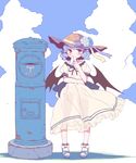  alternate_costume bat_wings blue_hair blush dress hat highres japanese_cylindrical_postbox japanese_postal_mark letter looking_at_viewer postbox_(outgoing_mail) red_eyes remilia_scarlet see-through_silhouette short_hair short_sleeves solo sun_hat sundress takahero touhou wings 