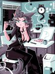  1girl andaerz animal_ears between_breasts black_necktie black_pants black_suit blush bracelet breasts cityscape clock clothes_between_breasts coffee coffee_maker coffee_mug coffee_pot cup food green_eyes grey_hair highres holding holding_food holding_pizza jewelry kit-cat_clock long_hair medium_breasts mouse_hole mug necktie necktie_between_breasts no_bra office open_window original pants pizza pizza_box pizza_slice ring solo sticky_note suit tail trash_can window 