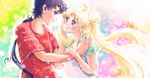  1girl 7bnoenpitsu androgynous bishoujo_senshi_sailor_moon black_hair blonde_hair double_bun hair_bun hair_grab long_hair multicolored multicolored_background ponytail seiya_kou shirt sparkle t-shirt tsukino_usagi twintails 