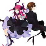  1girl blue_hair brown_eyes brown_hair detached_sleeves elizabeth_bathory_(fate) elizabeth_bathory_(fate)_(all) fate/extra fate/extra_ccc fate_(series) horns kishinami_hakuno_(male) kuroihato pink_hair pointy_shoes school_uniform shoes tail two_side_up 