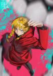  1girl absurdres black_pantyhose black_shirt black_shoes blonde_hair braid coat gabu_(yomi_no_tsugai) highres hood hood_down hooded_coat long_sleeves looking_at_viewer pantyhose peperon_(peperou) purple_eyes red_coat shirt shoes signature smile solo teeth twin_braids yomi_no_tsugai 