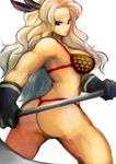  amazon_(dragon's_crown) armor ass bad_id bad_pixiv_id bikini bikini_armor black_gloves blonde_hair blue_eyes breasts circlet dragon's_crown feathers frogcage from_behind gloves hair_feathers large_breasts long_hair polearm simple_background solo swimsuit thong_bikini toned weapon white_background 