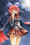  bow cape hair_bow kawachi_koorogi marker_(medium) red_eyes red_hair sekibanki short_hair skirt solo touhou traditional_media tree 