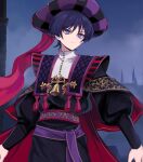  1boy alternate_costume arms_at_sides black_hair black_robe black_sleeves blunt_ends choppy_bangs claude_frollo_(disney) claude_frollo_(disney)_(cosplay) closed_mouth clothing_request cosplay eyeliner genshin_impact gold gold_trim highres long_sleeves looking_to_the_side makeup male_focus mandarin_collar outdoors overcast puffy_sleeves purple_eyes purple_sash red_eyeliner red_trim robe sash scaramouche_(genshin_impact) scharamouch9 shirt sky solo spire stole tassel the_hunchback_of_notre_dame_(disney) tsurime undershirt upper_body white_shirt 