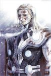  armor beaten blonde_hair blood blue_eyes blue_skin cape giant long_hair male male_focus marvel smile snow thor_(marvel) 