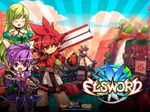  2011 2girls :o aisha_(elsword) angry belt brown_eyes closed_eyes copyright_name elsword elsword_(character) fingerless_gloves gloves green_hair hair_tubes hands_on_hips knight_(elsword) long_hair magician_(elsword) multiple_girls necktie official_art pointy_ears purple_eyes purple_hair purple_skirt ranger_(elsword) red_hair rena_(elsword) ress short_hair shorts skirt smile spiked_hair sword wand weapon 