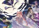  4girls akemi_homura araga_kiwi black_gloves black_hair black_shirt coat crossover dress feathered_wings gloves green_coat green_hat hair_ribbon halo hat highres hiiragi_utena holding holding_knife kaname_madoka knife magical_girl mahou_shoujo_madoka_magica mahou_shoujo_madoka_magica_(anime) mahou_shoujo_ni_akogarete multiple_girls navel purple_dress red_ribbon ribbon shirt short_twintails skyy459897 twintails ultimate_madoka walpurgisnacht_(madoka_magica) white_dress wings witch_(madoka_magica) yellow_eyes yellow_halo 