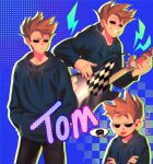 1boy animification annoyed bad_id bad_twitter_id bass_guitar black_pants blue_hoodie brown_hair character_name commentary_request crossed_arms drawstring eddsworld fender_precision_bass ggiriewqhkz12 grin highres holding holding_bass_guitar holding_instrument hollow_eyes hood hood_down hoodie instrument korean_commentary long_sleeves male_focus multiple_views pants short_hair smile spiked_hair spoken_squiggle squiggle susan_(eddsworld) tom_(eddsworld) tongue tongue_out 