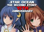  anniversary blue_background blue_eyes blue_hair brown_hair copyright_name crescent crescent_hair_ornament green_eyes hair_ornament hairpin index_finger_raised mikumo_kokkou multiple_girls one_eye_closed precis_neumann rena_lanford short_hair smile star_ocean star_ocean_the_second_story 