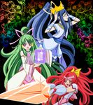  black_background blue_eyes blue_hair bow crown cure_empress cure_magician cure_priestess derivative_work dokidoki!_precure floral_background flower gloves green_hair highres long_hair mirror multiple_girls namiokasougo open_mouth pink_bow pink_eyes polearm ponytail precure red_eyes red_hair rose spear weapon 
