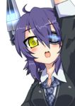  amakawa_ginga blush breasts cleavage close-up eyepatch headgear kantai_collection medium_breasts necktie open_mouth purple_hair short_hair solo tenryuu_(kantai_collection) yellow_eyes 