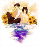  1girl bad_id bad_pixiv_id black_eyes black_hair casual english flower highres jacket levi_(shingeki_no_kyojin) mamina_(mana0310) mikasa_ackerman shingeki_no_kyojin short_hair sitting sunflower younger 