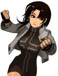  black_hair breasts brown_eyes clenched_hands cropped_jacket cross dress earrings fingerless_gloves genderswap genderswap_(mtf) gloves jewelry kusanagi_kyou large_breasts long_hair lowres short_dress slender_waist solo steward_b the_king_of_fighters turtleneck 