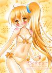  akita_neru bikini blonde_hair blush body_blush breasts caramelbox cleavage long_hair looking_at_viewer medium_breasts navel plaid sample side_ponytail solo swimsuit traditional_media vocaloid yellow_eyes 