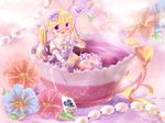  1girl bangs blonde_hair blunt_bangs blush cup dress drink flower hair_ornament hair_ribbon in_container in_cup in_food long_hair minigirl open_mouth original partially_submerged purple_eyes ribbon socks solo tea teabag teacup twintails wrist_cuffs 