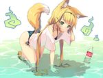  all_fours animal_ears bikini bikini_under_clothes blonde_hair bottle breasts cleavage fox_ears fox_tail green_eyes hair_ornament hairclip hitodama long_hair looking_at_viewer loose_clothes loose_shirt low_twintails medium_breasts original partially_submerged sandals shallow_water shirt side-tie_bikini smile solo striped striped_bikini swimsuit swimsuit_under_clothes tail twintails very_long_hair water yoo_(tabi_no_shiori) 