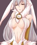  bare_shoulders breasts brown_eyes fur_trim idolmaster idolmaster_cinderella_girls large_breasts light_smile long_hair navel oshugu silver_hair solo takamine_noa very_long_hair 