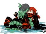  1girl alternate_color black_eyes black_hair blush embarrassed genderswap genderswap_(ftm) head_fins hetero japanese_clothes kimono multiple_girls red_hair sekibanki shigureru straddling sweatdrop touhou wakasagihime water 