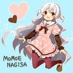  bad_id bad_pixiv_id blue_background character_name dress heart highres long_hair long_sleeves mahou_shoujo_madoka_magica mahou_shoujo_madoka_magica_movie momoe_nagisa open_mouth pantyhose polka_dot ribbon silver_hair solo sparkle two_side_up yellow_eyes yuragiyura 