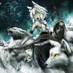  animal animal_ears aqua bare_shoulders belt detached_sleeves glowing glowing_eyes hat highres inubashiri_momiji kouji_oota shield short_hair silver_hair solo sword tengu tokin_hat touhou weapon wolf wolf_ears yellow_eyes 