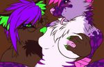  areola blush breast_grab breast_suck breasts canine chest_tuft claws duo eyelashes eyewear feline female fox fur glasses green_eyes grope hybrid leopard lesbian mammal mane nipples nude purple_eyes sage116 speckled spots tongue tuft wolf 