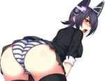  ass bent_over blush breasts cameltoe embarrassed from_behind hair_over_one_eye headgear horosuke_(toot08) kantai_collection medium_breasts open_mouth panties pantyshot purple_hair short_hair simple_background skirt solo striped striped_panties tenryuu_(kantai_collection) thighhighs underwear white_background yellow_eyes 